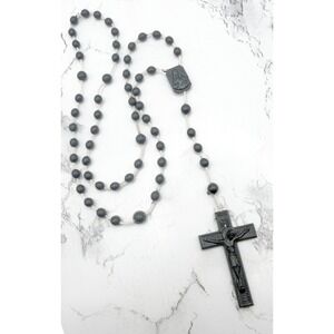 Vintage Rosary Necklace Black Glass Beads Italy Crucifix 33"